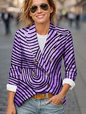cheap Blazers &amp; Suits-Women&#039;s Blazer Comfortable Breathable Pocket Buttons Print Fashion Casual Geometric Office Street Casual Daily Wear Double Breasted Regular Notch Lapel Regular Fit Long Sleeve Outerwear Blue Purple