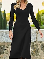abordables Robe noire-Femmes Robe Midi Robe noire Robe Décontractée Robe de Cocktail Robe de Cérémonie Élégant Mode Moderne Extérieur Quotidien Sortir Coupe régulière Uni manche longue Col ras du cou Noir Printemps Hiver