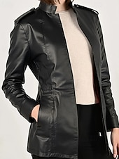 preiswerte Kunstlederjacken-Damen Kunstlederjacke Warm Bequem Reißverschluss Tasche Lässig Einfach Urlaub Ausgehen Wochenende Regulär Stehkragen Normale Passform Langarm Oberbekleidung Schwarz Herbst Winter