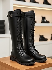 baratos Botas de montaria-botas de combate femininas pretas com cadarço, detalhe de fivela e zíper, calçado urbano robusto para trajes modernos