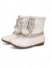 女の子の冬用スノーブーツ - フェイクファーの裏地、グリッターのディテール、ポンポンのレースが付いた暖かいキルティングアンクルブーツで、アウトドアに最適です。 お買い得  キッズ・ブーツ-女の子の冬用スノーブーツ - フェイクファーの裏地、グリッターのディテール、ポンポンのレースが付いた暖かいキルティングアンクルブーツで、アウトドアに最適です。