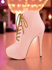 baratos Festa da Vida Noturna-Botas femininas plataforma de couro sintético bege com cadarço - sapatos de festa com salto alto e salto agulha para vida noturna e balada