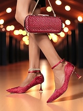 cheap Cocktail-Women&#039;s Green Rhinestone Heels and Matching Clutch Bag Set - Elegant Pointed Toe Pumps with Ankle Strap for Formal Events and Cocktail Parties