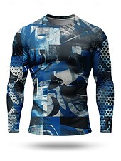 お買い得  ランニングTシャツとタンクトップ-男性用 幾何学模様 抽象的 コンプレッション・シャツ ランニングＴシャツ 春 秋 3Dプリント 長袖 速乾性 ビデオ圧縮 パワーフレックス 吸汗性 高通気性 ジムトレーニング アクティブトレーニング ランニング サイクリング 運動 フィットネス ブルー スポーツウェア アクティブウェア