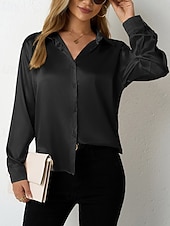  Mulheres Camisa Social Elegant Elegante Top de cetim Botões Tecido à moda Casual Manga Longa Colarinho de Camisa Tops regulares Diário Para Noite Preto Vermelho Azul Marinha Azul Real Bege Primavera