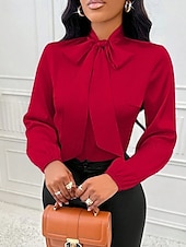 cheap Dressy Blouses-Women's Shirt Elegant Dressy Satin Top Bow Solid Color Elegant Stylish Basic Long Sleeve Tie Neck High Neck Regular Tops Daily Going out Red Spring Fall