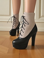 baratos Botas com salto-Botas femininas de salto alto com cadarço cor de vinho – botinhas plataforma estilo brogue vintage com painel de lona para festa e moda de outono