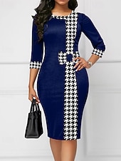 abordables Art&amp;Design Robe-Femmes Robe Midi Moulant Mode Moderne Bureau Sortir Coupe régulière Pied-de-poule Manche 3/4 Col ras du cou Noir Vin Vert Bleu de minuit Printemps Automne