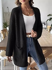Недорогие Кардиган с открытым передом-Жен. Вязаная ткань Кардиган Уличный стиль На каждый день Сплошной цвет Открытый перед Карман Трикотаж Длинный рукав Обычные топы Вязать Повседневные На выход выходные Черный Белый Осень Зима