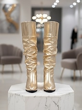 abordables Botas de moda-Botas altas hasta la rodilla holgadas con tacón bajo y diseño metalizado dorado para mujer: calzado de fiesta brillante para la vida nocturna, discotecas y moda nocturna.