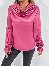 Недорогие Нарядные блузки-Жен. Рубашка Elegant Нарядный Атласный верх Драпировка Сплошной цвет Стиль На каждый день Длинный рукав Вырез-хомут Обычные топы Повседневные На выход Черный Розовый Зеленый Абрикосовый Весна Осень