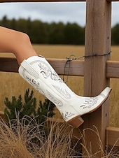 levne Cowboy &amp; Western Boots-Dámské vyšívané kovbojské kozačky do poloviny lýtek s blokovým podpatkem, boty ve westernovém stylu na večírky a festivaly