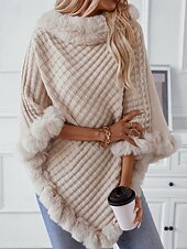 preiswerte Einfarbige Farben-Damen Pullover Schultertuch Elegant Mode Streetwear Einfarbig Gerippt Rollkragen Gestrickt Asymmetrischer Saum Kunstpelzbesatz Halbarm Normale Oberteile Stricken Outdoor Täglich Wochenende Weinrot
