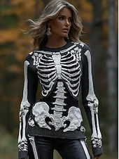 preiswerte Halloween Bluse und Shirts-Halloween Damenpullover Skelett Mode Lässig Grafik Skelett Rundhalsausschnitt Patchwork Gestrickte Lange Ärmel Reguläre Oberteile Strick Schwarz Rosa Herbst Winter
