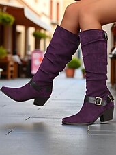 voordelige Slouch-laarzen-Paarse suède knielaarzen voor dames met gespen – western cowboystijl laarzen met blokhak voor herfstmode, Halloween-outfits en outdoor streetwear