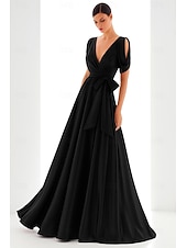 baratos Vestidos de Festa em A-Linha A Vestidos de noite Elegante Traje formal Formal Casamento Longo Manga Longa Decote V Cetim com Laço(s) Pregas 2025