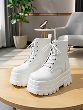 cheap Combat Boots-Women&#039;s White Platform Lace-Up Ankle Boots with Height Increasing Sole -Trendy Chunky Heel Fashion Boots for Casual and Streetwear