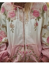 cheap Floral Tops-Women&#039;s 3D Print Vintage Boho Hoodie Patchwork Hoodie Sweatshirt Floral Zip Up s Floral Graphic Fashion Casual Long Sleeve Hooded  Street Dailywear Patchwork Zipper Pocket Light Pink Spring Fall