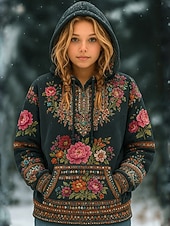 Vintage Viking Women's Pullover Hoodie Sweatshirt Floral Graphic Warm Vintage Casual Long Sleeve Hooded Regular Tops Street Casual Patchwork Print Front Pocket Black Spring Fall Winter3
