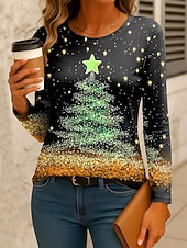 abordables T-shirts de Noël-Noël Femmes T-shirt Graphique Arbre de Noël ancien Mode Élégant manche longue Col ras du cou Hauts Réguliers Quotidien Week-end Imprimé Jaune Rose Claire Rouge Bleu Vert Printemps Automne Hiver