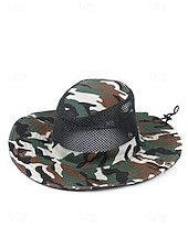 preiswerte Herrenhüte-Herren-Sonnenhut aus Camouflage-Netzgewebe mit breiter Krempe und Kinnriemen – atmungsaktiver Outdoor-Wander- und Angelhut für Sommerreisen und Camping