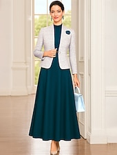 billige Mammas kjolesett-Todelt Dress dress Te-lengde Ermeløs Crew-hals Elegant Skreddersydd Formell Ull Kjole til brudens mor Korte jakke skjørt med Blomst