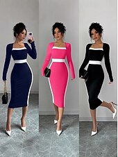 billiga Randig och geometrisk klänning-Dam Midiklänning Sheath Dress Ledigt Helgdag Utekväll Normal Randig Långärmad Fyrkantig hals Svart Fuchsia Mörkblå Vår Höst Vinter