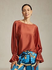 preiswerte Hemden, Tops und Blusen-Satinbraune Juliet-Bluse mit Puffärmeln und Rundhalsausschnitt
