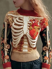 billige Halloween Bluse og Skjorter-Dame Genser søt stil Gatemote Fritid Grafisk Skjelett Crew-hals Lapper Strikket Langermet Vanlige topper Strikke Halloween Rød Oransje Høst Vinter