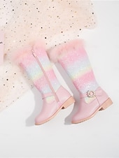 levne Dětská obuv-Dívčí duhové třpytivé kozačky pod kolena s lemem z umělé kožešiny a perleťovou sponou - třpytivé zimní boty pro děti na párty a svátky.