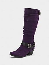 voordelige Slouch-laarzen-Paarse suède knielaarzen voor dames met gespen – western cowboystijl laarzen met blokhak voor herfstmode, Halloween-outfits en outdoor streetwear