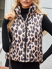 levne Vesty-Dámské Neformální bunda Kamizelka Pohodlné Prodyšné Kapsy Tisk Na běžné nošení Leopard Dovolená ulice Ležérní Denní nošení Zip Krátké Stojáček Běžný Bez rukávů Svrchní oděvy Bílá Žlutá Jaro Podzim