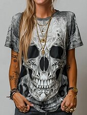 Halloween Women's T Shirt Skulls Graphic Vintage Stylish Classic Short Sleeve Crew Neck Regular Tops Daily Weekend Print Gray Fall Winter4