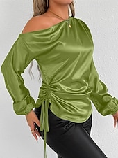 baratos Blusas Elegantes-Mulheres Camisa Social Elegant Elegante Top de cetim Assimétrico Tecido à moda Casual Manga Longa ombro frio Tops regulares Diário Para Noite Preto Verde Primavera Outono