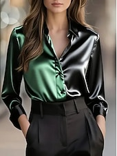 preiswerte Elegante Oberteile-Damen Elegant Satin Bluse Einfach Elegant Täglich Langarm V Ausschnitt Normale Oberteile Täglich Knöpfe Rote Grün Khaki Grau Herbst