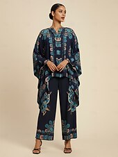 お買い得  シャツ、トップス、ブラウス-レディース シフォン エスニック フローラル プレースメント プリント ルーズ ドルマンスリーブ クルーネック ボタンフロント ブラウス