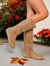 cheap Slouch Boots-Women&#039;s Slouchy Mid-Calf Boots with Floral Cutout Design, Casual Boho Style for Autumn Street and Everyday Wear