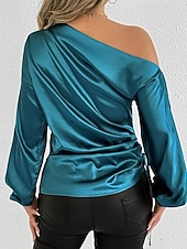  Mulheres Camisa Social Elegant Elegante Top de cetim Assimétrico Côr Sólida Elegante à moda Básico Manga Longa Ombro a Ombro ombro frio Tops regulares Diário Para Noite Azul Primavera Outono