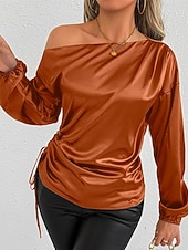 voordelige Elegante topjes-Dames Overhemd Satijnen overhemd Effen Kleur Stijlvol Casual Lange mouw koude schouder Normale tops Dagelijks Uitgaan Asymmetrisch Geel Bruin Lente Herfst