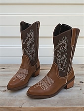 levne Cowboy &amp; Western Boots-Dámské hnědé kovbojské westernové boty z umělé kůže s vyšívaným prošíváním, nízké podpatky do půli lýtek na rodeo, festivaly i každodenní nošení