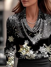 preiswerte Weihnachtsblusen &amp;amp; Hemden-Weihnachten Damen Hemd Ombre Grafik Schneeflocke Elegant Stilvoll Lässig Langarm Wasserfallausschnitt Normale Oberteile Arbeit Party-Abendmode Täglich Gerafft Drapiert Schwarz Herbst Winter