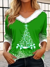 abordables Hauts de Noël-Noël Femmes T-shirt Graphique Arbre de Noël ancien Élégant Classique manche longue Col en V Hauts Réguliers Quotidien Patchwork Imprimé Rose Claire Rouge Bleu Vert Automne Hiver