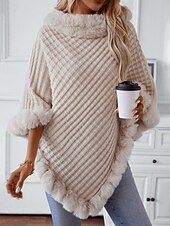 preiswerte Einfarbige Farben-Damen Pullover Schultertuch Elegant Mode Streetwear Einfarbig Gerippt Rollkragen Gestrickt Asymmetrischer Saum Kunstpelzbesatz Halbarm Normale Oberteile Stricken Outdoor Täglich Wochenende Weinrot