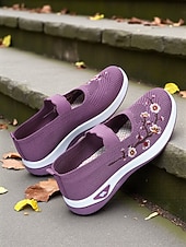 economico Sneakers da donna-sneakers da donna modello Mary Jane in Flyknit viola con ricami floreali, scarpe leggere e traspiranti per camminare e per outfit casual