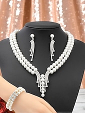 cheap Women&#039;s Necklace-Women&#039;s Pearl Jewelry Set with Crystal Flower Accents - Vintage Gatsby Style Necklace, Earrings and Bracelet for 1920s Party and Cocktail Events