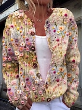 Women's Cardigan Daily Floral Graphic Ribbed Crew Neck Buttons Print Long Sleeve Regular Tops Knit Outdoor Weekend Pink Green Spring Fall3