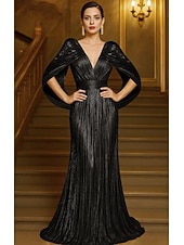 voordelige Zeemeermin Avondjurken-Gouden Sequin A-Lijn Avondjurk Elegante Jurk Formele Bruiloft Vloerlengte Korte Mouwen V-Hals Capes Lurex Stof met Plooien