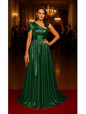 abordables Robes de soirée taille empire-Ligne A Robe de Soirée Élégant Robe de soirée Formel Mariage Traîne Balayage Manche Courte Une Épaule Tissu Lurex avec Froncé 2025