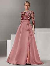 economico Abiti da Sera a Linea A-Abito da Sera A-Line Ricamato Floreale Elegante Formale Matrimonio Lungo Fino al Pavimento Mezza Manica Collo a Camicia di Satin con Fiocco(e) Spacco