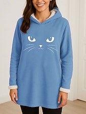 billige Dyr Topp-Dame Pullover hettegenser-genser Grafisk Katt Fritid Comfrt Langermet Med hette Lange topper Gate Hverdag Avslappet Trykt mønster Rosa Blå Grå Høst Vinter